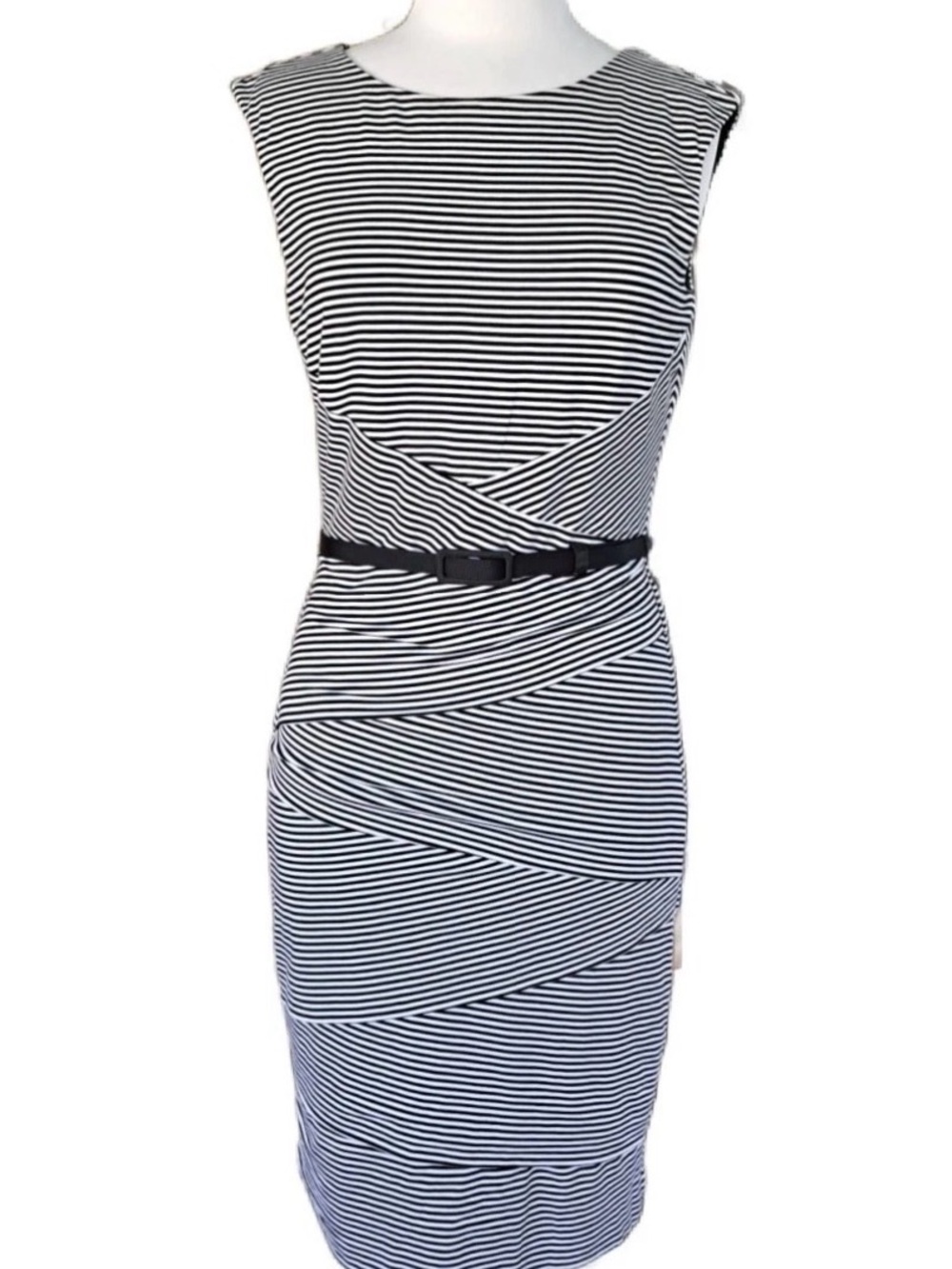 White House | Black Market Striped Sleeveless Sheath Dress with Belt